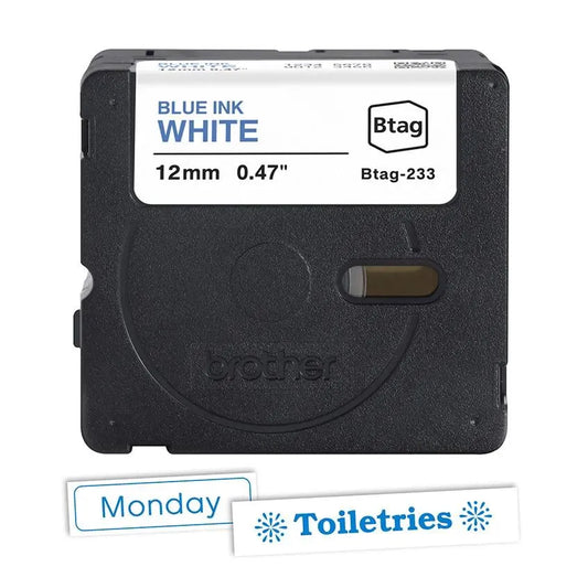 P-touch Btag Blue on White Label Tape BTAG233, ~1/2in by 13.1ft (12mm x 4m)