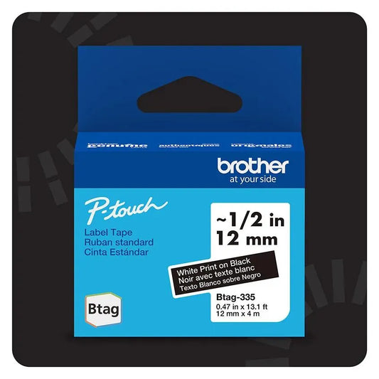 P-touch Btag White on Black Label Tape BTAG335, ~1/2in by 13.1ft (12mm x 4m)