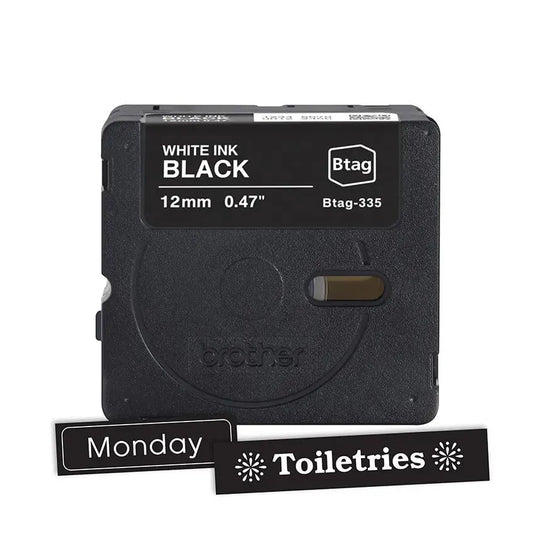 P-touch Btag White on Black Label Tape BTAG335, ~1/2in by 13.1ft (12mm x 4m)