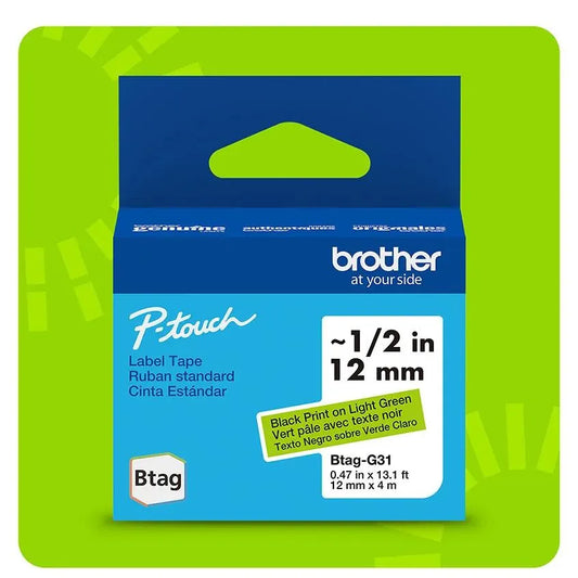 P-touch Btag Black on Green Label Tape BTAGG31,~1/2in by 13.1ft (12mm x 4m)