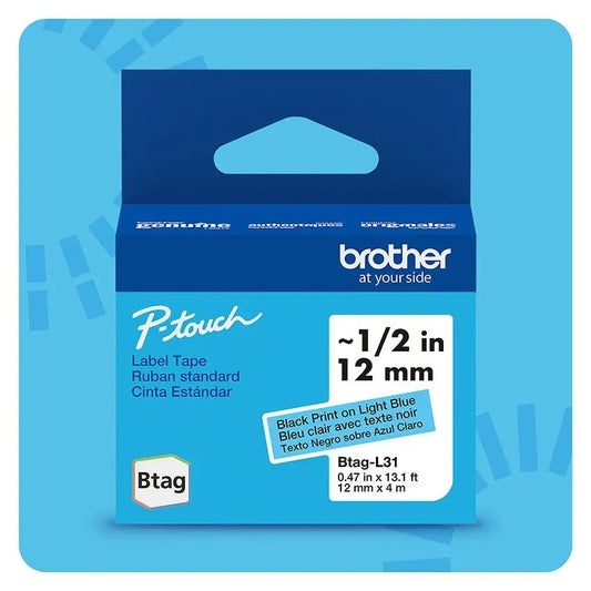 P-touch Btag Black on Light Blue Label Tape BTAGL31, ~1/2in by 13.1ft (12mm x 4m)