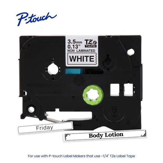 TZeN201 P-touch Black Print on White Narrow Non-Laminated Label Tape