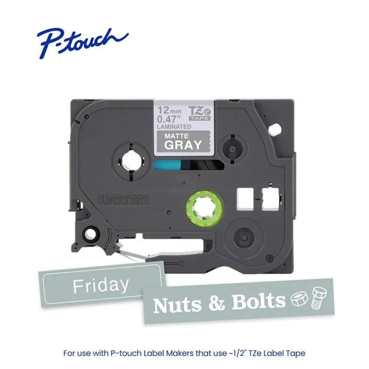 TZeML35 P-touch White Print on Gray Premium Matte Laminated Label Tape