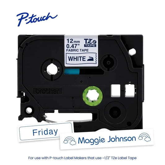 TZeFA3 P-touch Navy Blue Print on White Fabric Label Tape