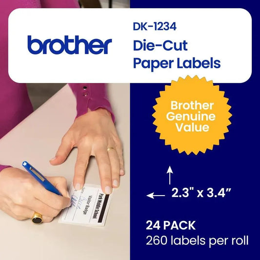 Brother Genuine DK-12343PK Die-Cut Name Badge Paper Labels, 2.3 in x 3.4 in (60 mm x 86 mm) Adhesive Name Badge White Paper Labels, 260 Labels per Roll, (24) Rolls per Box