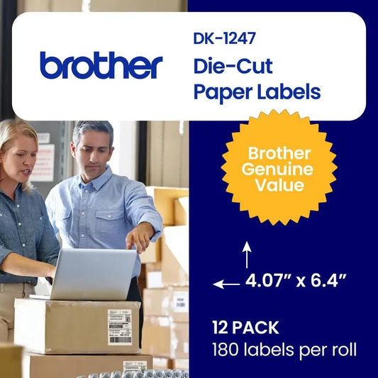 Brother Genuine DK-12473PK Die-Cut Large Shipping Paper Labels, 4.07 in x 6.4 in (103 mm x 164 mm) Large Shipping White Paper Labels, 180 Labels per Roll, (12) Rolls per Box