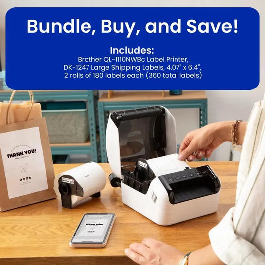 Brother QL-1110NWBCV2 Wide-Format Thermal Label Printer Bundle with 2 rolls Label Tapes