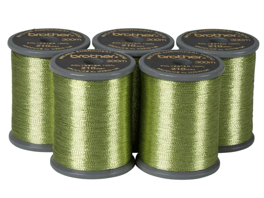 Brother MT989 Lime Green. 300 Meter Polyester Metallic Thread (5 Spools Per Sleeve)