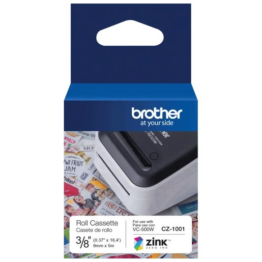 Brother Genuine CZ-1001 3/8” (0.37”) 9mm wide x 16.4 ft. (5 m) long label roll featuring ZINK® Zero Ink technology