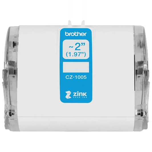 Brother Genuine CZ-1005 continuous length ~ 2 (1.97”) 50 mm wide x 16.4 ft. (5 m) long label roll featuring ZINK® Zero Ink technology