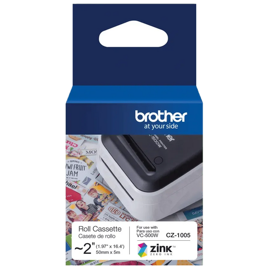 Brother Genuine CZ-1005 continuous length ~ 2 (1.97”) 50 mm wide x 16.4 ft. (5 m) long label roll featuring ZINK® Zero Ink technology
