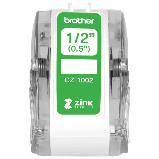 Brother Genuine CZ-1002 continuous length ½” (0.5”) 12 mm wide x 16.4 ft. (5 m) long label roll featuring ZINK® Zero Ink technology