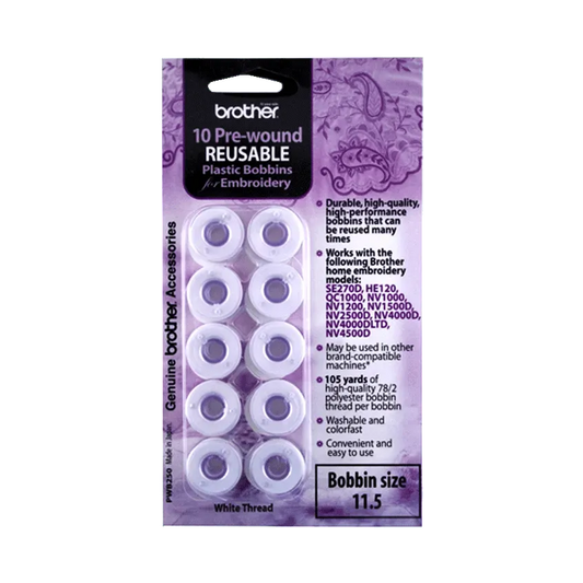 Brother PWB250 Pre-Wound White 11.5 Size 60 Weight Embroidery Bobbins (10-Pack)