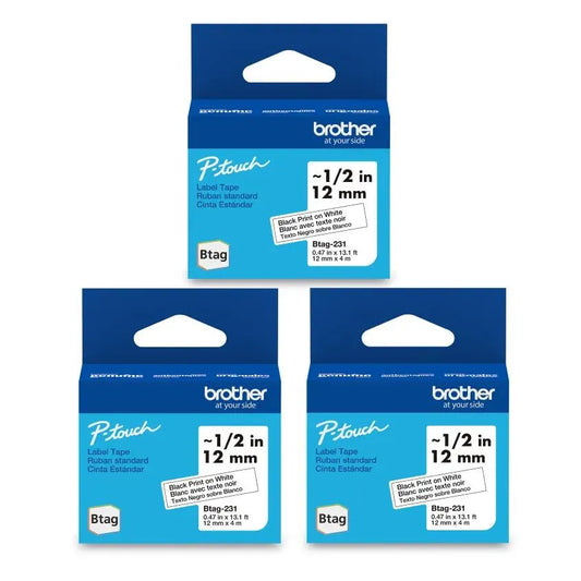 Brother Genuine BTAG 3-pack Non-Laminated Tape for P-touch Label Makers, Black on White – 12 mm wide x 4 m long