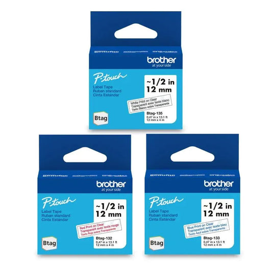 Brother Genuine BTAG 3-pack Non-Laminated Tape for P-touch Label Makers, Red on Clear, Blue on Clear, White on clear – 12 mm wide x 4 m long
