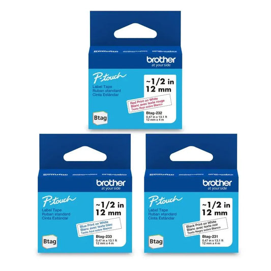 Brother Genuine BTAG 3-pack Non-Laminated Tape for P-touch Label Makers, Red on White, Blue on White, Black on White – 12 mm wide x 4 m long