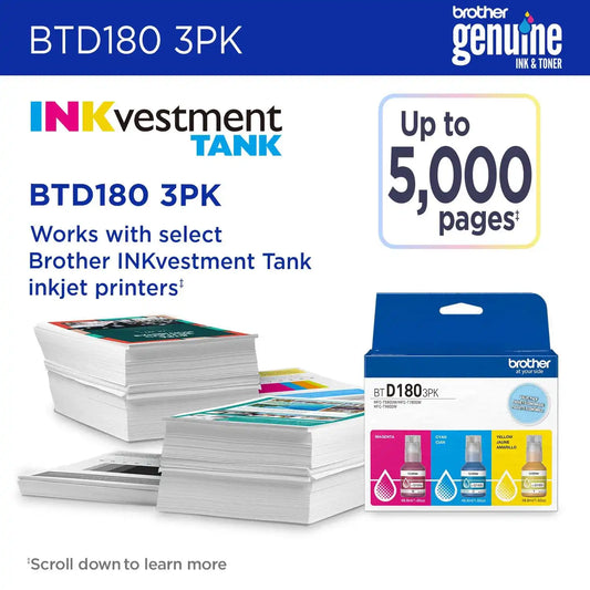 Brother Genuine BTD1803PKS 3-Pack High Yield Cyan, Magenta and Yellow Ink Bottles