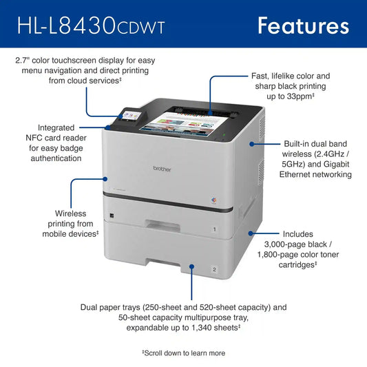Brother HL-L8430CDWT Business Wireless Color Laser Printer with Ethernet