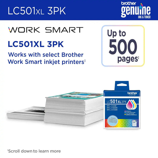 Brother Genuine LC501XL3PKS 3-Pack High Yield Cyan, Magenta, and Yellow Ink Cartridges