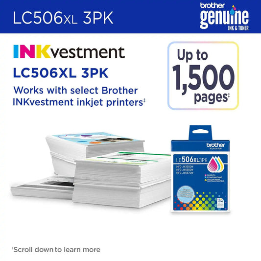 Brother Genuine LC506XL3PKS 3-Pack High Yield Cyan, Magenta, and Yellow Ink Cartridges