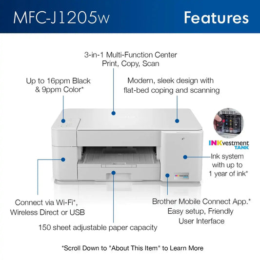 Brother RMFCJ1205W INKvestment Tank Color Inkjet Multi-Function Printer, Refurbished