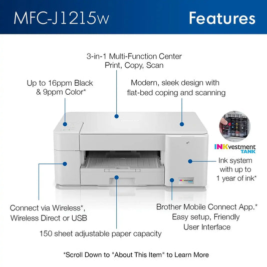 Brother MFC-J1215W Wireless INKvestment Color Inkjet Multi-Function Printer