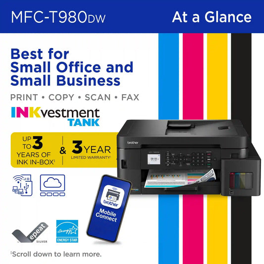 Brother MFC-T980DW Wireless INKvestment Tank Color Inkjet Multi-Function Printer with Duplex Printing