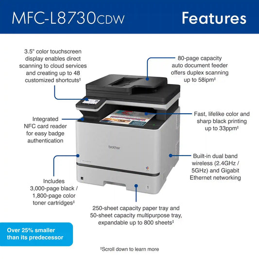 Brother MFC-L8730CDW Business Wireless Color Laser All-in-One Printer