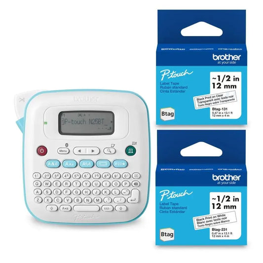Brother P-touch PT-N25BT Personal Handheld Label Maker + Brother Genuine Btag231 Black on White and Btag131 Black on Clear– 12 mm wide x 4 m long Label Tape