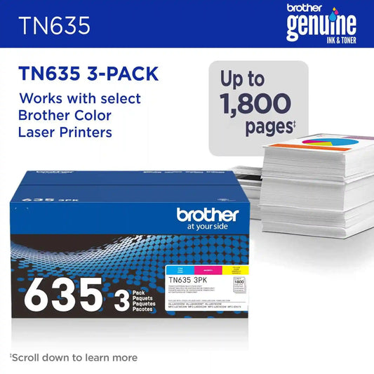 Brother Genuine TN6353PK 3-Pack Standard Yield Cyan, Magenta, and Yellow Toner Cartridges